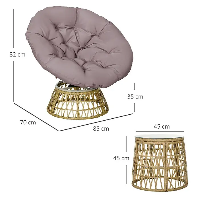Outsunny Loungemöbel-Set mit Tisch - 3 -tlg., PE Rattan, Stahl, Polyester, 360° Drehbare Stühle, Kaffee - Papasan-Stuhl mit grauem Kissen und Rattan-Gestell, dazu passender Rattan-Beistelltisch mit Glasplatte.