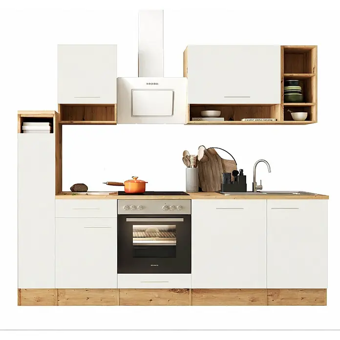 Respekta Composición de cocina Hilde - Ancho: 250 cm, Blanco, Con electrodomésticos - Cocina compacta blanca y de madera con horno, placa, fregadero y campana extractora integrados.