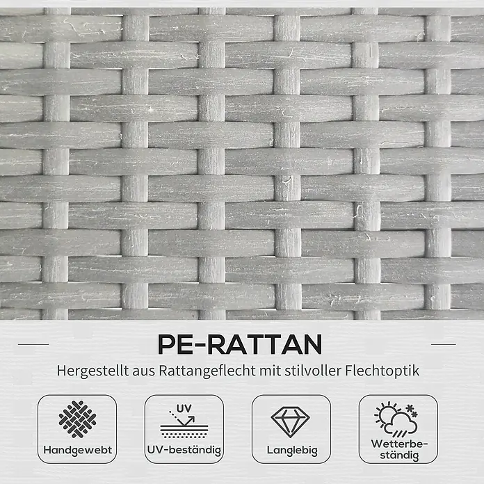 Outsunny Loungemöbel-Set - 4 -tlg., PE-Rattan, Polyester, Stahlrahmen, Sitzkissen, Hellgrau - Nahaufnahme von hellgrauem, handgeflochtenem PE-Rattan-Material mit stilvoller Flechttextur.