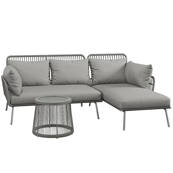 Outsunny Loungemöbel-Set - 4 -tlg., PE-Rattan, Polyester, Stahlrahmen, Sitzkissen, Hellgrau - Graues Outdoor-Ecksofa mit geflochtenem Seilgestell, grauen Kissen und passendem runden Couchtisch mit Glasplatte.