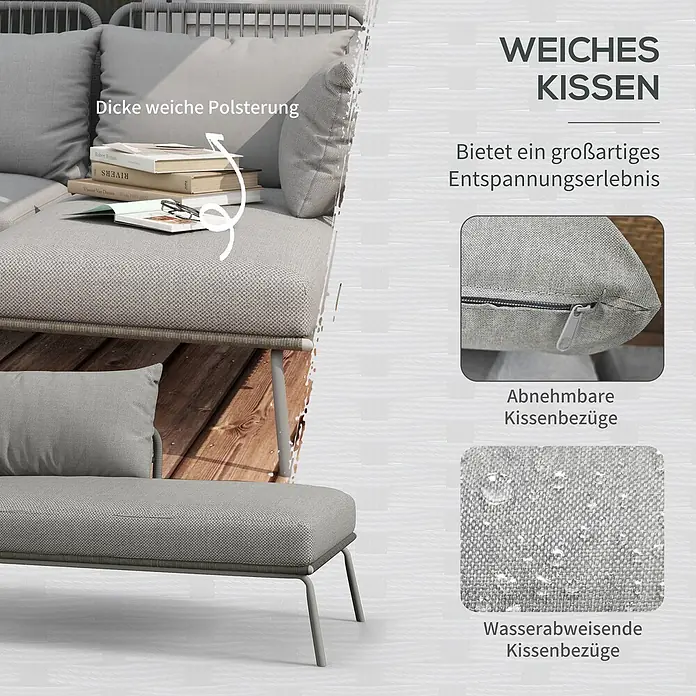 Outsunny Loungemöbel-Set - 4 -tlg., PE-Rattan, Polyester, Stahlrahmen, Sitzkissen, Hellgrau - Graues Outdoor-Sofa und Hocker mit dicken, weichen, wasserabweisenden Kissen und abnehmbaren Bezügen.