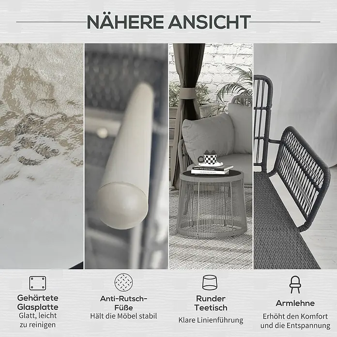 Outsunny Loungemöbel-Set - 4 -tlg., PE-Rattan, Polyester, Stahlrahmen, Sitzkissen, Hellgrau - Detaillierte Ansicht eines grauen geflochtenen Outdoor-Möbelsets, das gehärtete Glasplatte, rutschfeste Füße und bequeme Armlehnen hervorhebt.