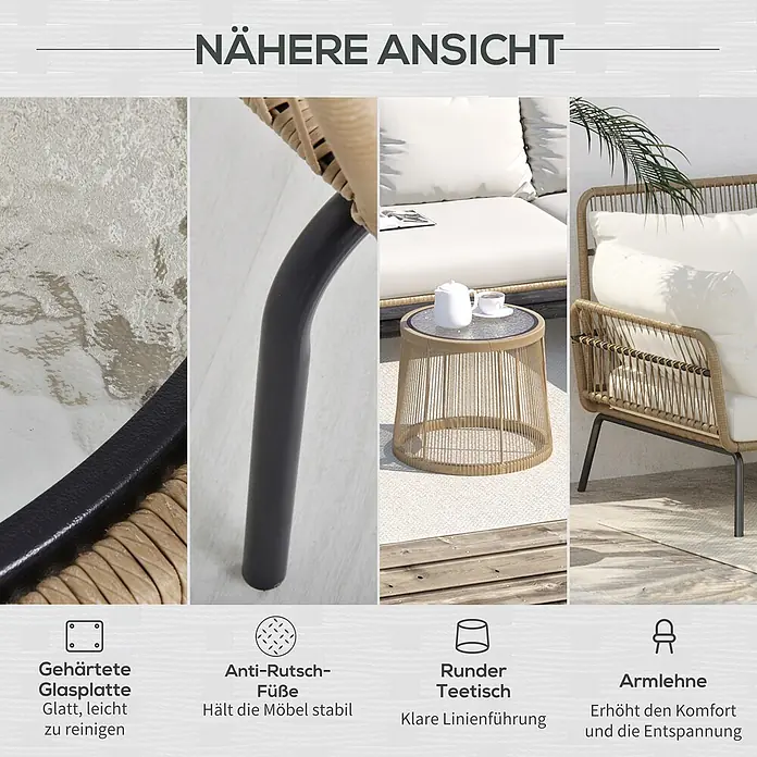 Outsunny Loungemöbel-Set - 3 -tlg., PE-Rattan, Polyester-Gewebe, Stahlrahmen, Sitzkissen, Kaffee+Creme - Detaillierte Ansichten eines Outdoor-Rattanmöbel-Sets: gehärtete Glasplatte, Anti-Rutsch-Füße, runder Beistelltisch und ergonomische Armlehne.