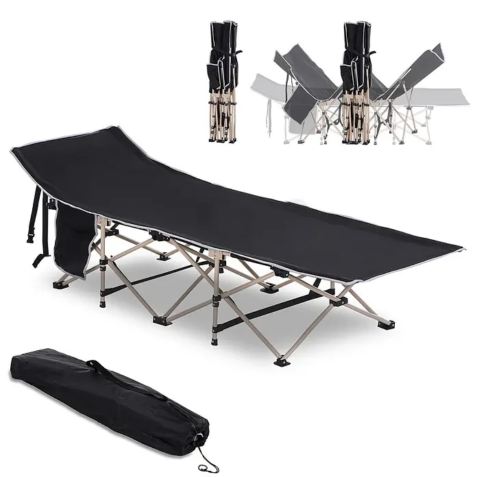 Outsunny Campingliege - 1 Stk., Schwarz, Kunststoff, Klappbar - Schwarzes klappbares Campingbett mit beigem Gestell, geöffnet, kompakt gefaltet und in schwarzer Tragetasche gezeigt.