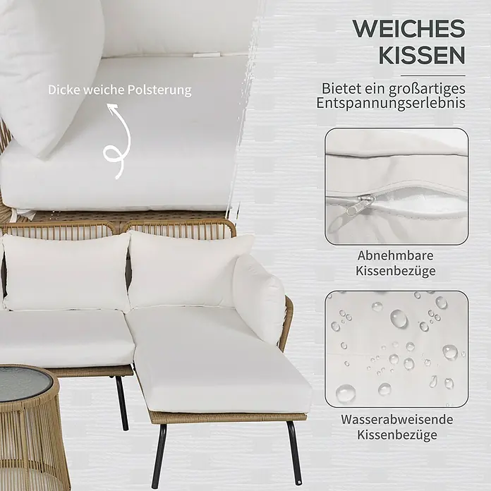 Outsunny Loungemöbel-Set - 3 -tlg., PE-Rattan, Polyester-Gewebe, Stahlrahmen, Sitzkissen, Kaffee+Creme - Braunes Rattan-Ecksofa mit dicken weißen Kissen. Bietet weiche Polsterung, abnehmbare und wasserabweisende Bezüge für Komfort im Freien.