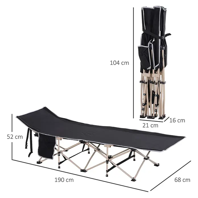 Outsunny Campingliege - 1 Stk., Schwarz, Kunststoff, Klappbar - Schwarzes klappbares Feldbett mit beigem Gestell, ausgeklappt mit Maßen und zusammengeklappt zur Aufbewahrung.