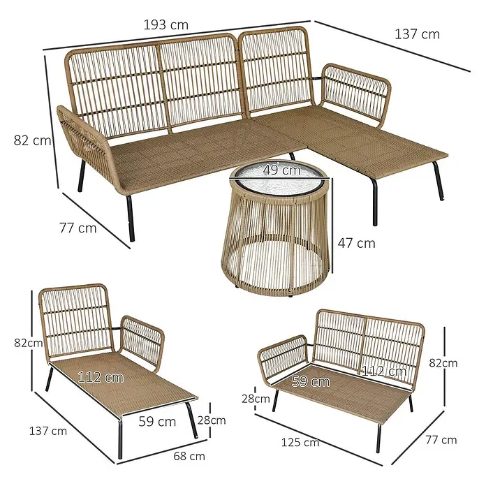 Outsunny Loungemöbel-Set - 3 -tlg., PE-Rattan, Polyester-Gewebe, Stahlrahmen, Sitzkissen, Kaffee+Creme - Hellbraunes Outdoor-Loungeset in Rattan-Optik mit L-förmigem Sofa und rundem Beistelltisch mit Glasplatte, schwarzen Metallbeinen.