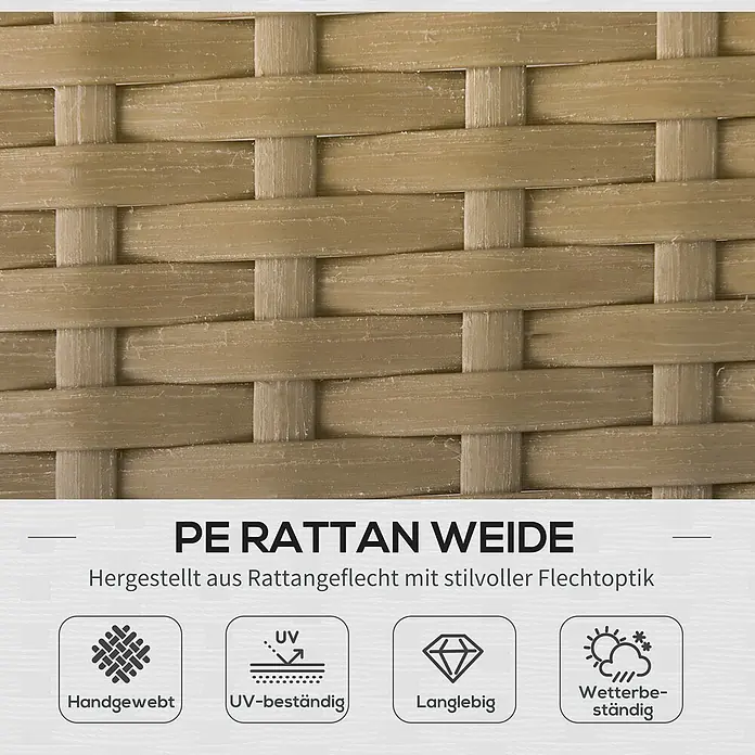 Outsunny Loungemöbel-Set - 3 -tlg., PE-Rattan, Polyester-Gewebe, Stahlrahmen, Sitzkissen, Kaffee+Creme - Nahaufnahme von beigem PE-Rattan-Geflecht, handgewebt, UV- und wetterbeständig.