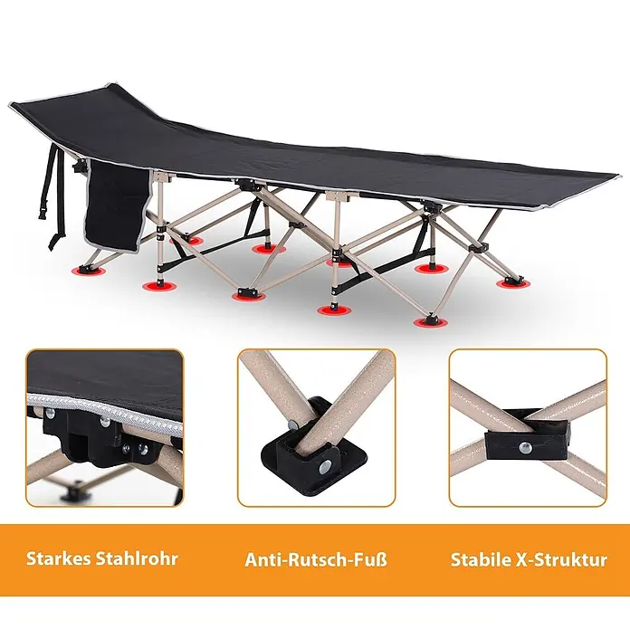 Outsunny Campingliege - 1 Stk., Schwarz, Kunststoff, Klappbar - Schwarzes klappbares Campingbett mit beigem Metallrahmen und rutschfesten Füßen, zeigt stabile X-Struktur.