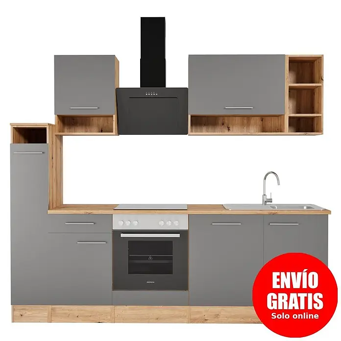 Respekta Composición de cocina Hilde - Ancho: 250 cm, Gris, Con electrodomésticos - Mueble de cocina moderno gris y efecto madera con horno, vitrocerámica, fregadero y campana extractora integrados.