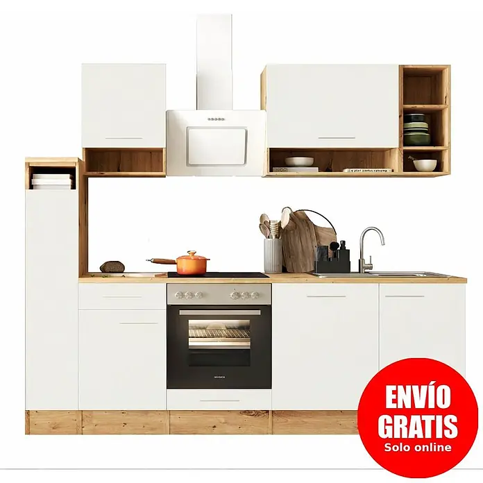 Respekta Composición de cocina Hilde - Ancho: 250 cm, Blanco, Con electrodomésticos - Muebles de cocina modernos con armarios blancos, detalles de madera, horno, vitrocerámica, fregadero y campana extractora integrados.