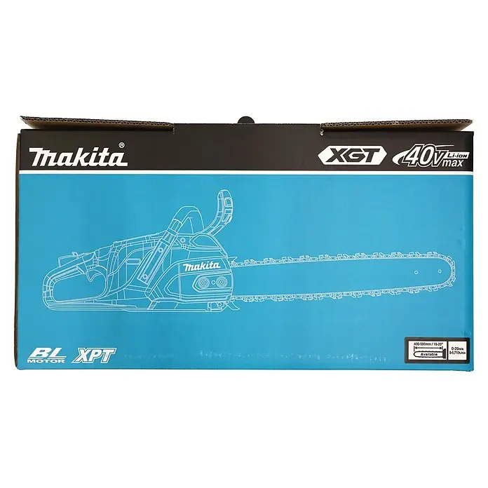 Makita Akku-Kettensäge UC030GE103 - 40 V, Li-Ionen, 1 Akku, Schwertlänge: 50 cm - Makita XGT 40V Li-ION Kettensägenverpackung in Blau und Schwarz, mit weißer Sägezeichnung und technischen Details.
