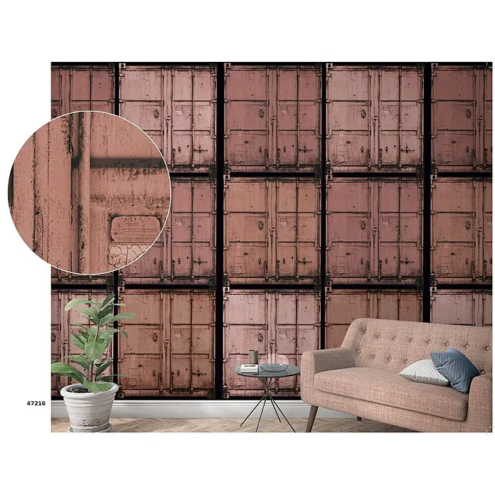 Marburg Smart Art Easy Fototapete Illustration - B x H: 159 mm x 270 cm, Vlies, Rot-Braun - Tapete mit einem Used-Look-Muster aus gestapelten, rostigen Schiffscontainern an einer Wand im Wohnzimmer.
