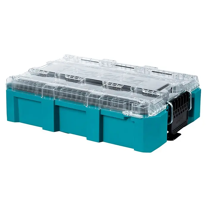Makita Organizer Maktrak M - L x B x H: 56,2 x 38,7 x 16,2 cm, Anzahl Fächer: 11 Stk. - Türkise Kunststoff-Organizerbox mit transparentem Deckel und schwarzem Griff.