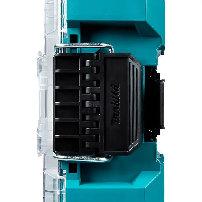 Makita Organizer Maktrak M - L x B x H: 56,2 x 38,7 x 16,2 cm, Anzahl Fächer: 11 Stk. - Türkisfarbener Makita Werkzeugkoffer mit schwarzem Verschluss und transparenten Stapelclips.