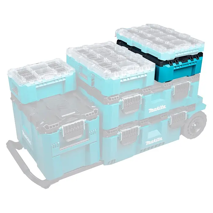 Makita Werkzeugkasten Maktrak M - Kunststoff, L x B x H: 56,2 x 38,7 x 16,2 cm - Gestapelte türkise und schwarze modulare Werkzeugkoffer mit transparenten Deckeln auf einem mobilen Rollensystem.