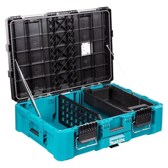 Makita Werkzeugkasten Maktrak L - Kunststoff, L x B x H: 80,2 x 56,5 x 25,2 cm - Offene türkisfarbene und schwarze Makita-Werkzeugkiste mit geöffnetem Deckel, der Innenfächer und Teiler zeigt.