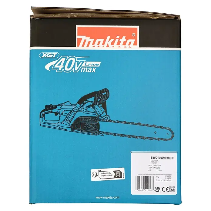 Makita Akku-Kettensäge UC030GE103 - 40 V, Li-Ionen, 1 Akku, Schwertlänge: 50 cm - Blaue Makita XGT 40V Li-ION max Kettensägen-Verpackung mit Umrisszeichnung des Werkzeugs und Produktetiketten.