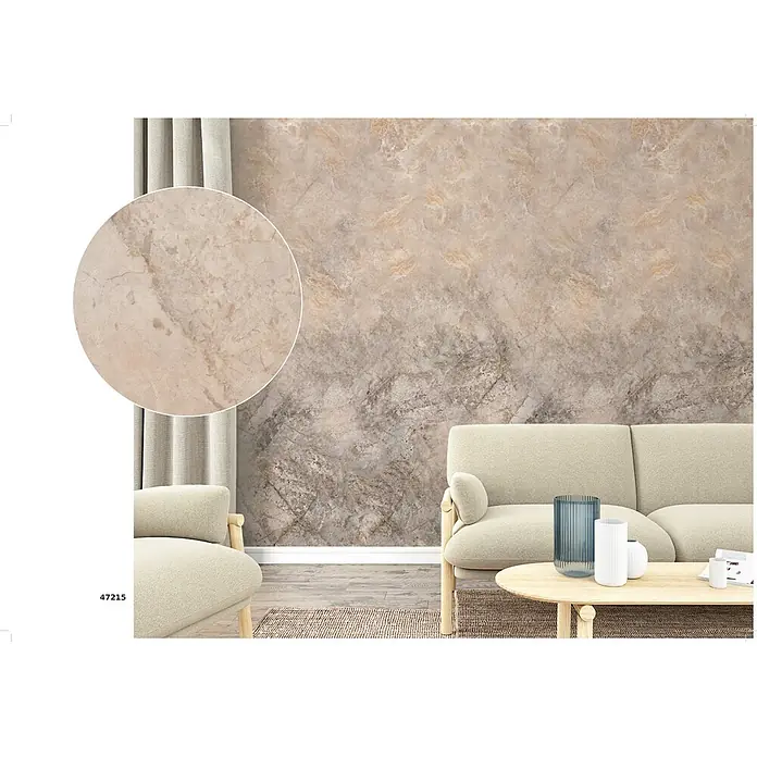Marburg Smart Art Easy Fototapete Steinoptik - B x H: 159 mm x 270 cm, Vlies - Beigefarbene und braune Marmoreffekt-Tapete an einer Wohnzimmerwand, mit Nahaufnahme des detaillierten Musters.
