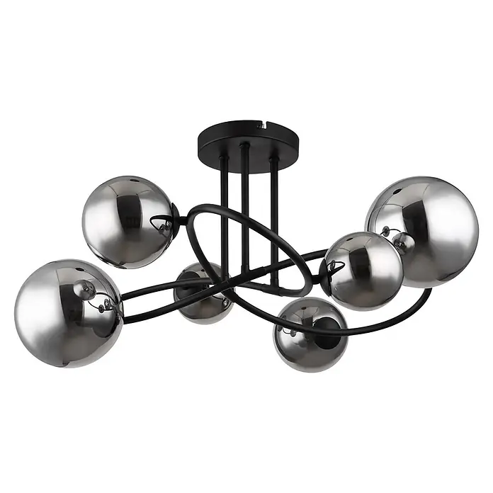 Globo Deckenleuchte Riha - 3,5 W, G9 - Moderne schwarze Deckenleuchte mit sechs reflektierenden Chrom-Kugellampenschirmen, dynamisch angeordnet.