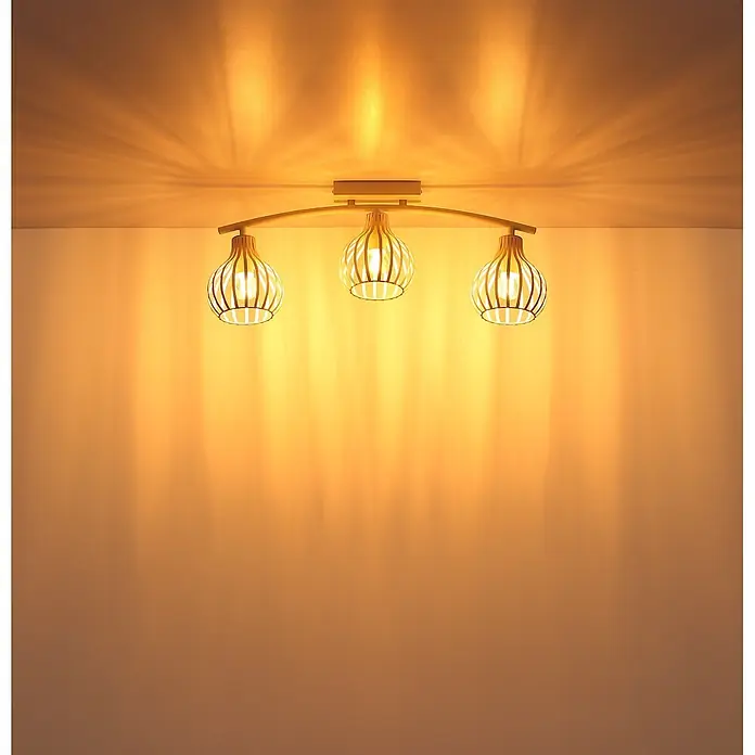 Globo Deckenleuchte Mateo - L x B x H: 600 x 550 x 240 mm, E14 - Warme Deckenleuchte aus Holz mit drei Lamellenschirmen, die dekorative Lichtmuster an die Wand werfen.