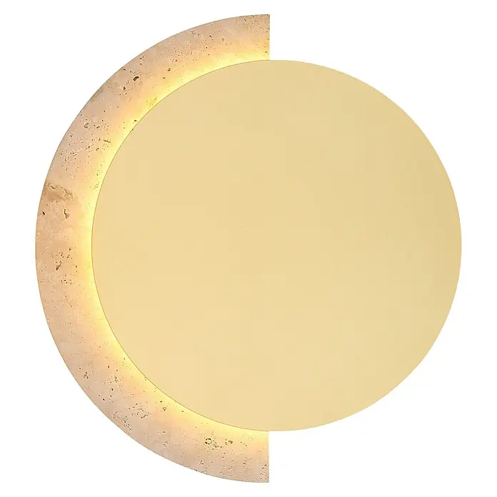 Globo LED-Wandleuchte Rojas - 12 W - Runde Wandleuchte mit C-förmigem, leuchtendem Travertinrand und hellbeigem Zentrum.