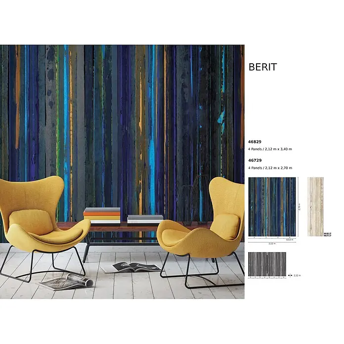 Marburg Smart Art Aspiration Fototapete Streifen I - B x H: 212 x 340 cm, Vlies, Blau - Wandbild mit abstrakten vertikalen Linien in Blau-, Gold-, Lila- und Grüntönen. An einer Wand in einem Raum gezeigt.
