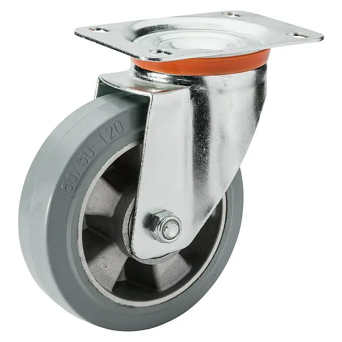 Stabilit TransportgeräterolleDurchmesser Rollen: 160 mm, Traglast: 300 kg, Material Reifen: Elastic-Vollgummi, Mit Platte, Kugellager - Drehbare Lenkrolle mit grauer Gummibereifung und Befestigungsplatte für den flexiblen Einsatz in verschiedenen Umgebungen.