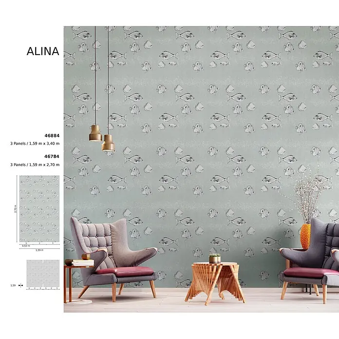 Marburg Smart Art Aspiration Fototapete Illustration I - B x H: 159 mm x 340 cm, Vlies - Tapete mit hellgrünem Hintergrund und verstreutem Graustufen-Fischmuster, an einer Wand in einem Wohnzimmer.