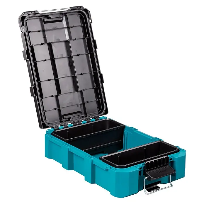 Makita Werkzeugkasten Maktrak M - Kunststoff, L x B x H: 56,2 x 38,7 x 16,2 cm - Geöffnete türkisfarbene und schwarze modulare Werkzeugkiste aus Kunststoff mit mehreren Innenfächern und ergonomischem Griff.