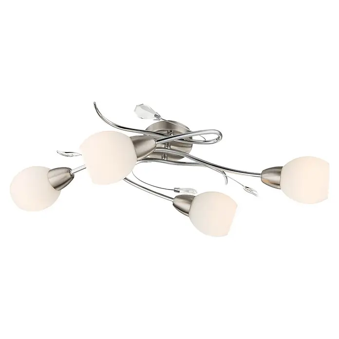 Globo Deckenleuchte Lilly - 40 W, L x B x H: 70 x 25 x 21 cm, Nickel, Weiß, E14 - Moderne Deckenleuchte mit vier weißen Glasschirmen, gebürstetem Nickel- und Chromarmen sowie klaren Kristallakzenten.