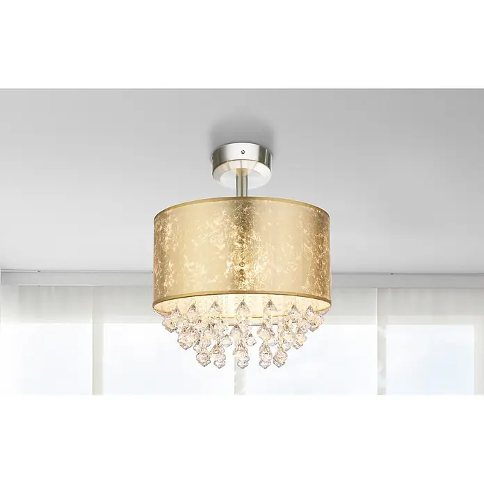 Globo Deckenleuchte Amy - 60 W, Gold, Klar, Nickel, E27 - Goldene Deckenleuchte mit texturiertem Schirm und funkelnden Kristallanhängern.