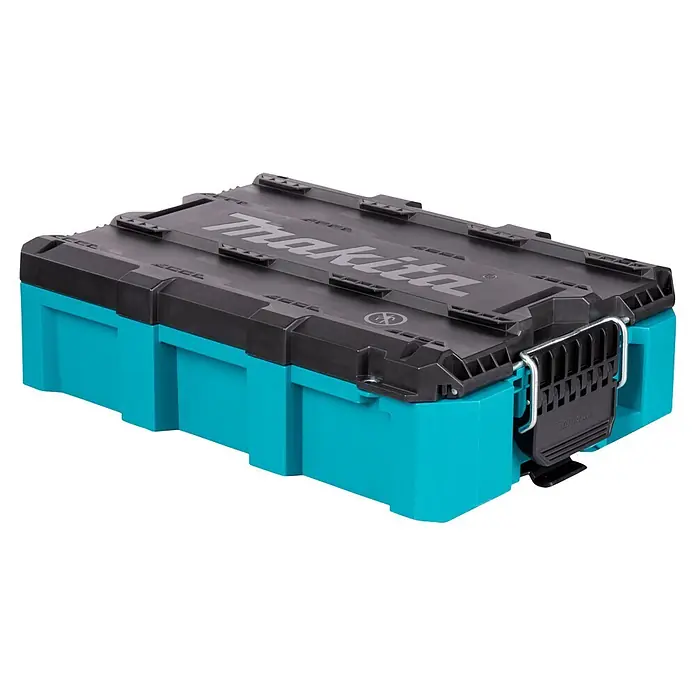 Makita Werkzeugkasten Maktrak M - Kunststoff, L x B x H: 56,2 x 38,7 x 16,2 cm - Makita türkise und schwarze, ineinandergreifende Kunststoff-Werkzeugkiste mit grauer Markenlogo auf dem Deckel und schwarzem Metallverschlussgriff.
