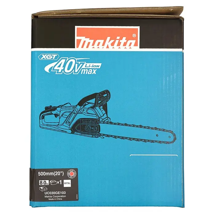 Makita Akku-Kettensäge UC030GE103 - 40 V, Li-Ionen, 1 Akku, Schwertlänge: 50 cm - Makita XGT 40V Li-Ion Kettensägenkarton, 500mm (20") Schwert und 8,0Ah Akku. Modell UC030GE103, blau/schwarz.