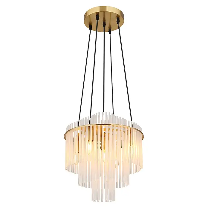 Globo Pendelleuchte Gorley - 40 W, Ø x H: 40 x 120 cm, E14 - Moderner runder goldener Kronleuchter mit schwarzen Aufhängekabeln und klaren, durchscheinenden Hängestangen, von innen beleuchtet.