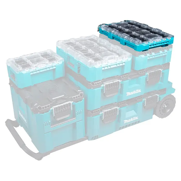 Makita Organizer Maktrak Flach L - L x B x H: 59,6 x 38,7 x 8,5 cm, Anzahl Fächer: 11 Stk. - Stapelbare Makita Werkzeugkästen in Türkis und Schwarz mit transparenten Deckeln, als mobiles System.