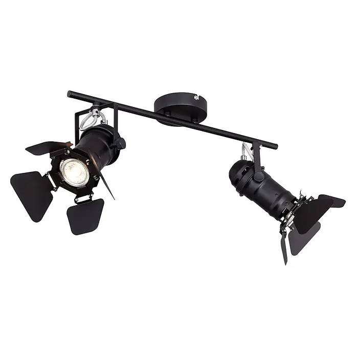 Globo Deckenstrahler Egon - 100 W, L x B x H: 54 x 16 x 26,5 cm, GU10 - Schwarze Schienenleuchte mit zwei Strahlern, einer beleuchtet, und Abschirmklappen.