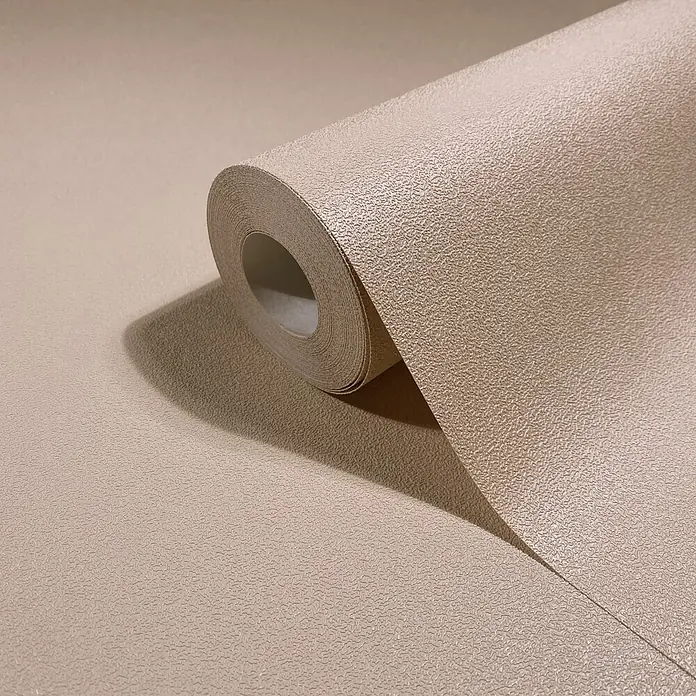 Marburg Vliestapete Novamur Naomi Uni I - Orange, Uni, 10,05 x 0,53 m - Beiger Tapetenrolle, teilweise abgerollt, mit strukturierter Oberfläche.