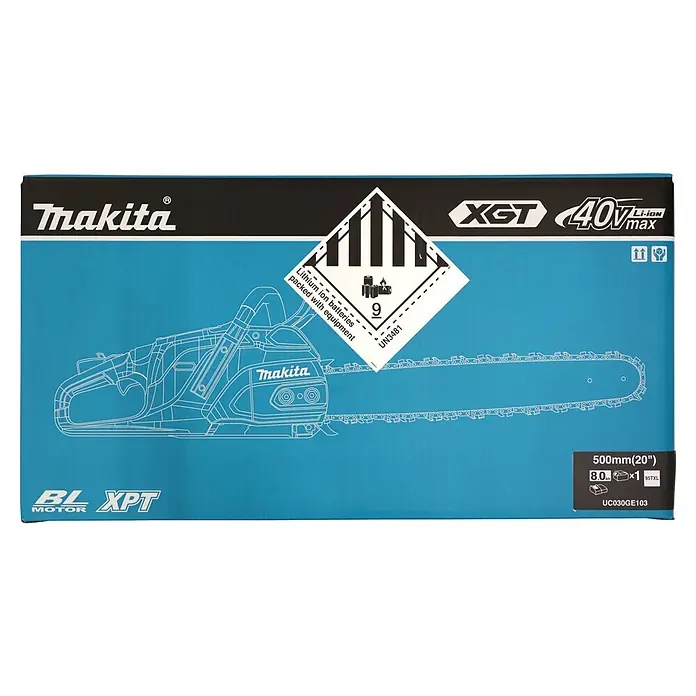 Makita Akku-Kettensäge UC030GE103 - 40 V, Li-Ionen, 1 Akku, Schwertlänge: 50 cm - Blaue Makita Kettensägenbox mit Strichzeichnung, zeigt XGT 40V Li-ION, 500mm (20") Kette, 8.0Ah Akku und Gefahrstoffetikett.