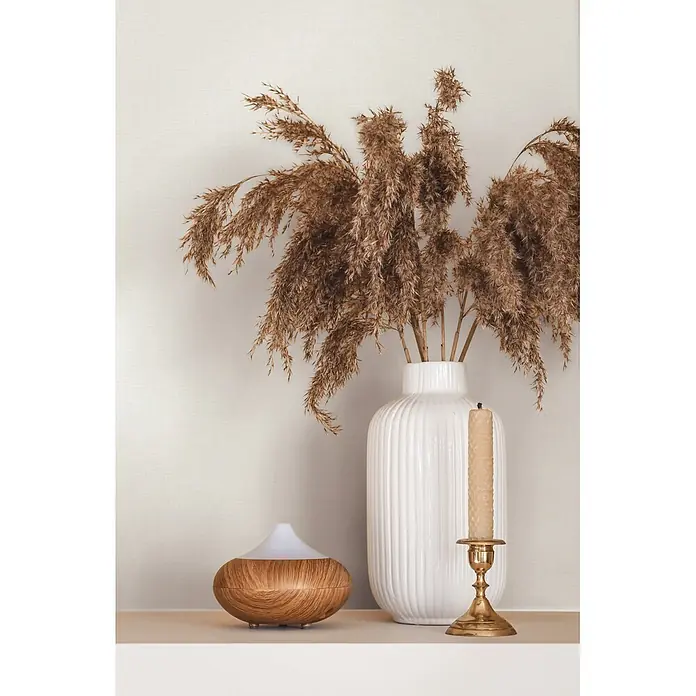 Marburg Vliestapete Novamur Oriana - Beige, Uni, 10,05 x 0,53 m - Ein hölzerner Aroma-Diffusor, weiße Vase mit Pampasgras und Kerze in Messinghalter auf hellem Regal.