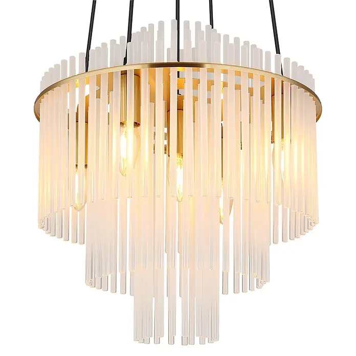 Globo Pendelleuchte Gorley - 40 W, Ø x H: 40 x 120 cm, E14 - Ein gold-weißer, mehrstufiger Kronleuchter mit leuchtenden Glühbirnen und transluzenten vertikalen Stäben.