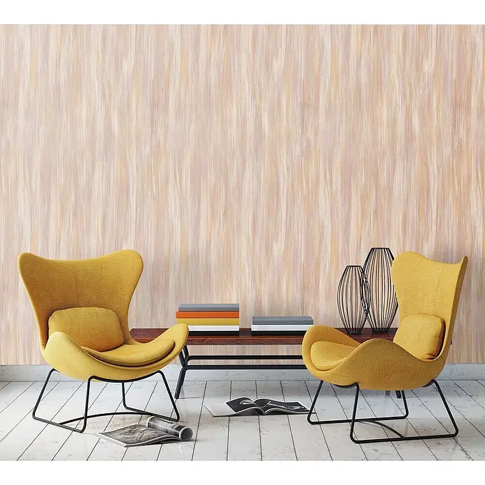 Marburg Smart Art Aspiration Fototapete Streifen - B x H: 106 x 340 cm, Vlies, Beige - Zwei moderne gelbe Stoff-Sessel mit schwarzen Metallfüßen in einem Wohnzimmerambiente.