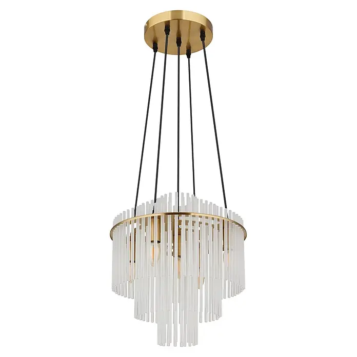 Globo Pendelleuchte Gorley - 40 W, Ø x H: 40 x 120 cm, E14 - Moderne Hängelampe mit goldener Deckenhalterung, schwarzen Kabeln und gestuften Klarglasstäben.