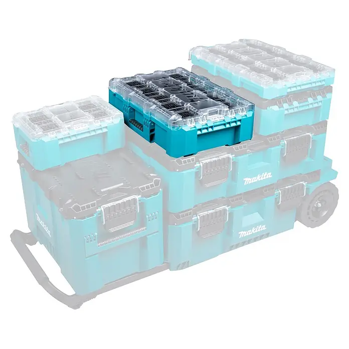 Makita Organizer Maktrak M - L x B x H: 56,2 x 38,7 x 16,2 cm, Anzahl Fächer: 11 Stk. - Gestapeltes türkises Makita Modulsystem mit Organizer oben, transparenter Abdeckung und Fächern.