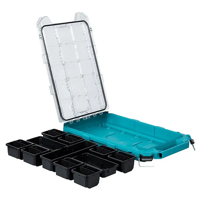 Makita Organizer Maktrak Flach L - L x B x H: 59,6 x 38,7 x 8,5 cm, Anzahl Fächer: 11 Stk. - Offener türkiser Werkzeugkasten mit transparentem Deckel und mehreren schwarzen Sortierfächern.