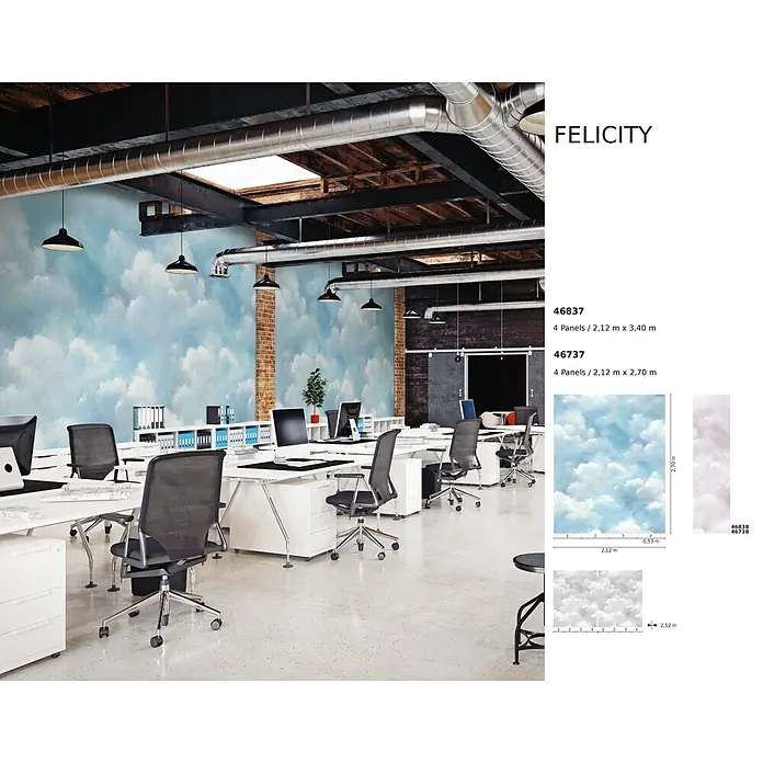 Marburg Smart Art Aspiration Fototapete Wolken II - B x H: 212 x 340 cm, Vlies, Blau - Wolkenmuster-Tapete verwandelt ein modernes Büro in einen offenen, luftigen Raum.