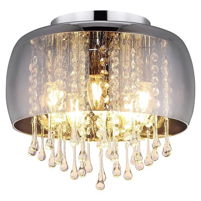 Globo Plafón LED Kalla - 25 W - Lámpara de techo decorativa con borde cromado, pantalla de cristal ahumado y cuentas y lágrimas de cristal colgantes.