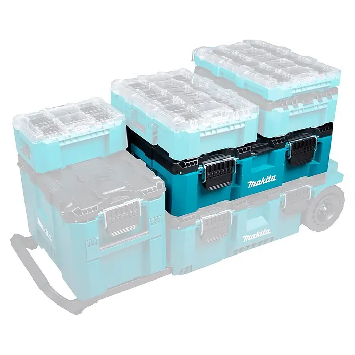 Makita Werkzeugkasten Maktrak L - Kunststoff, L x B x H: 80,2 x 56,5 x 25,2 cm - Gestapelte türkis-schwarze Makita Werkzeugkisten mit transparenten Deckeln auf einem Rollwagen.