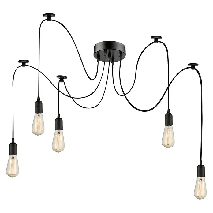 Globo Pendelleuchte Oliver - 60 W, E27 - Schwarze Spinnen-Deckenleuchte mit fünf verstellbaren Textilkabeln und Vintage-Edison-Glühbirnen.