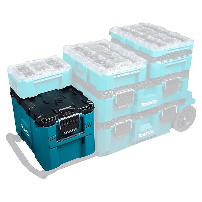 Makita Werkzeugkasten Maktrak XL - Kunststoff, L x B x H: 56,5 x 39,4 x 40,2 cm - Türkise und schwarze Makita-Werkzeugkoffer mit Klarsichtdeckeln, stapelbar, mit Trolleysystem.